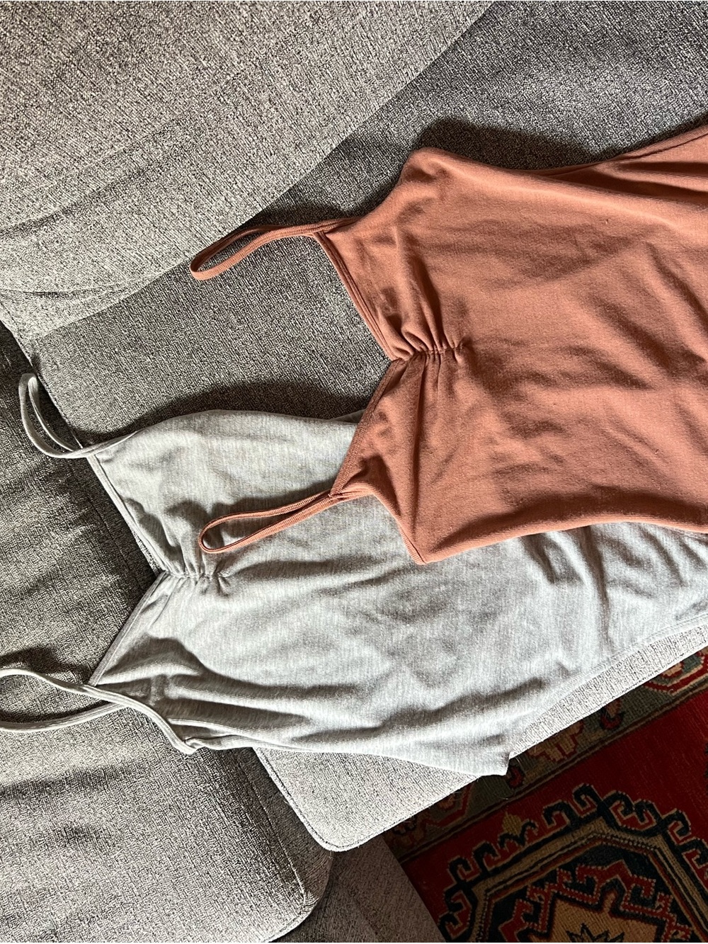 Aritzia Spaghetti-Strap Bodysuits in dusty rose and Light Gray